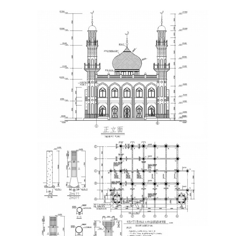 兩層框架結構清真寺結構CAD施工圖（含建筑圖）